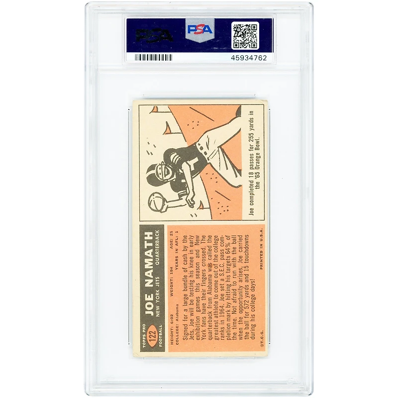 Carte de recrue Joe Namath, New York Jets, 1965 Topps n° 122, authentifiée PSA 2