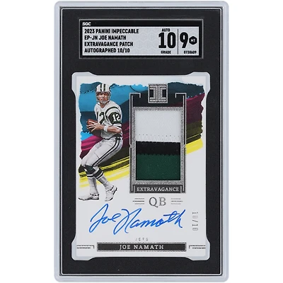 Joe Namath New York Jets Autographed 2023 Panini Impeccable 3 Color Relic #EP-JN #10/10 SGC Authenticated 9/10 Card