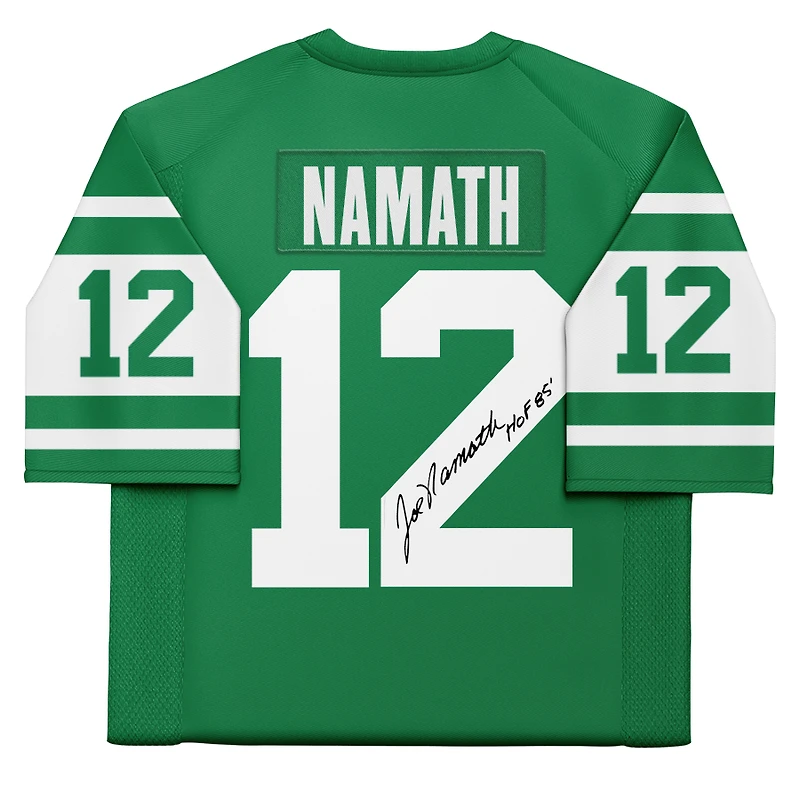 Maillot vert dédicacé par Joe Namath des New York Jets, Mitchell & Ness Legacy, avec inscription « HOF 85 »