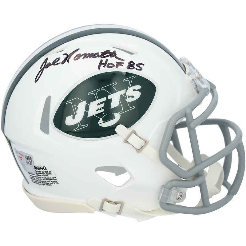 Casque miniature Riddell Speed ​​rétro 1965-77 autographié par Joe Namath (New York Jets) avec inscription « HOF 85 ».