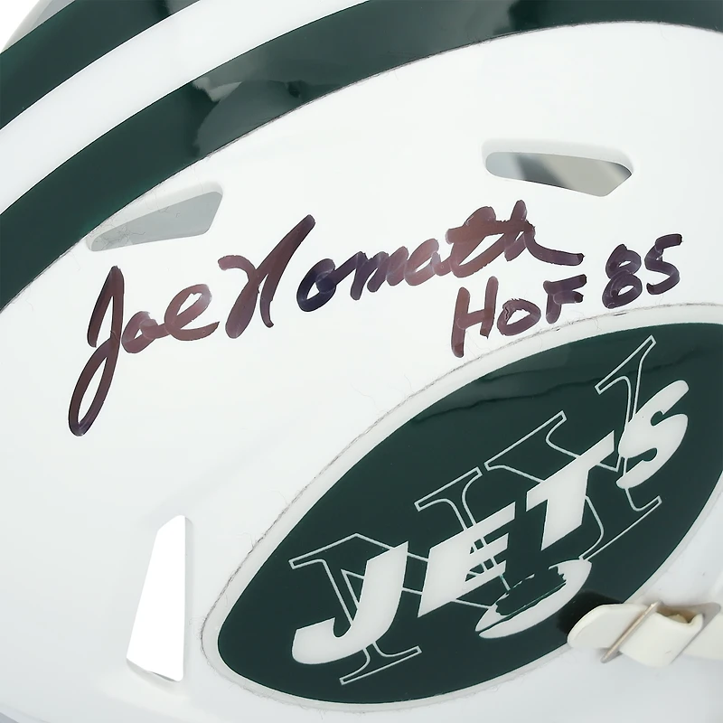 Casque miniature Riddell Speed ​​rétro 1965-77 autographié par Joe Namath (New York Jets) avec inscription « HOF 85 ».
