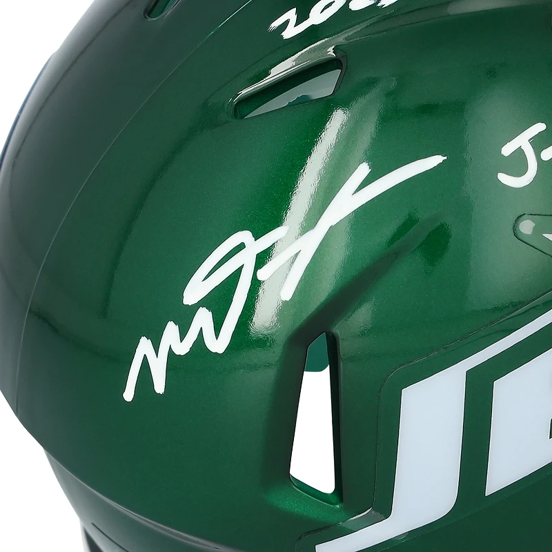 Casque Riddell Speed Mini autographié par Mason Taylor des New York Jets, avec inscriptions « 2025 Pick #42 » et « J-E-T-S ! »