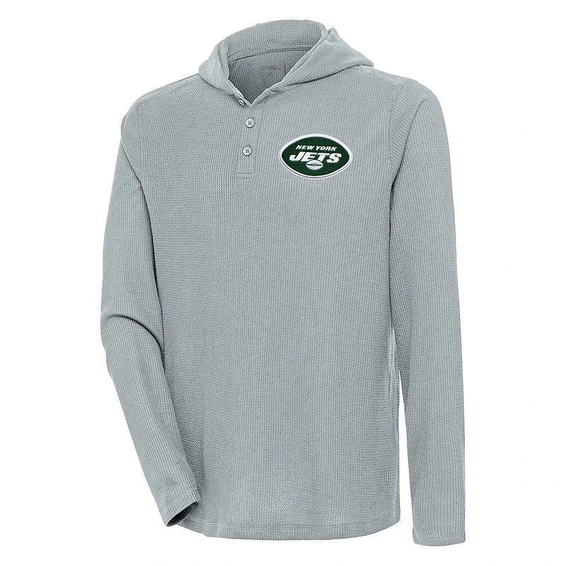 Men's Antigua  Gray New York Jets Strong Hold Long Sleeve Henley Hoodie T-Shirt