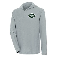 Men's Antigua  Gray New York Jets Strong Hold Long Sleeve Henley Hoodie T-Shirt