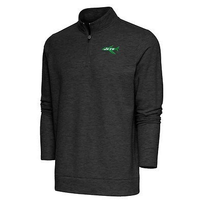 Men's Antigua Heather Black New York Jets Team Logo Throwback Gambit Quarter-Zip Pullover Top