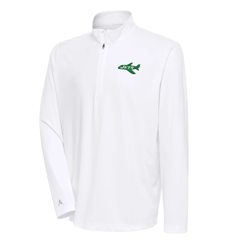 Pull-over blanc Antigua pour homme avec logo rétro des Jets de New York, à fermeture éclair quart tour