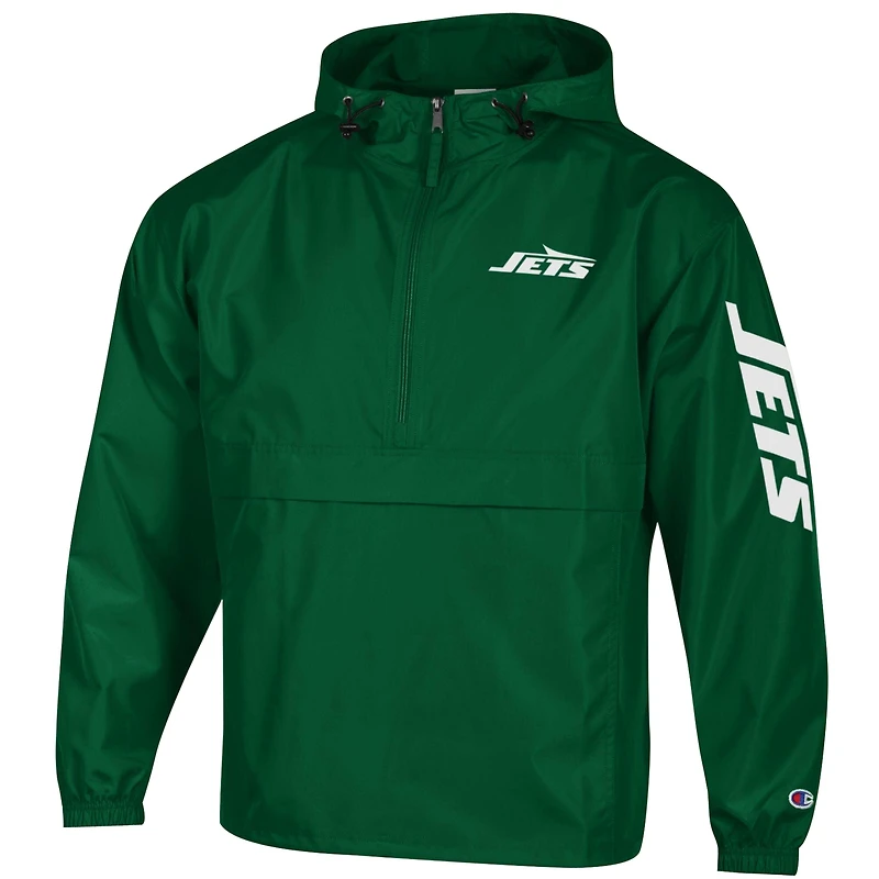 Veste coupe-vent à capuche pliable demi-zip Champion verte pour homme, New York Jets