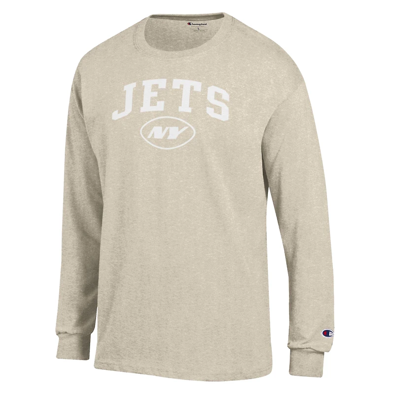 Men's Champion  Heather Oatmeal New York Jets White Ink Jersey Long Sleeve T-Shirt