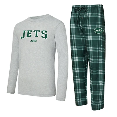 Men's Concepts Sport Green/Heather Gray New York Jets Regulate Long Sleeve T-Shirt and Plaid Pant Set