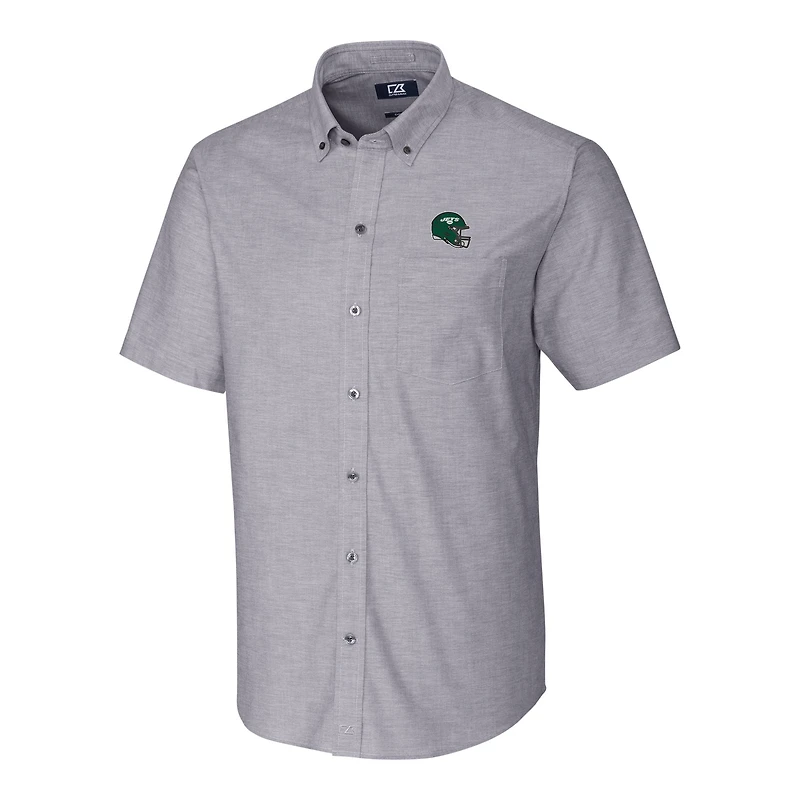 Chemise boutonnée à manches courtes en tissu Oxford extensible pour homme, couleur anthracite, motif casque des Jets de New York, Cutter & Buck