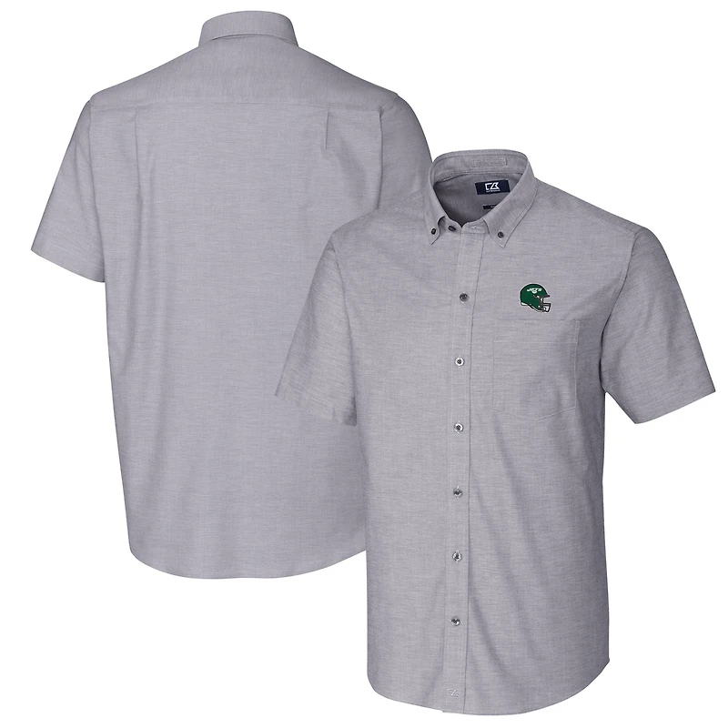 Chemise boutonnée à manches courtes en tissu Oxford extensible pour homme, couleur anthracite, motif casque des Jets de New York, Cutter & Buck