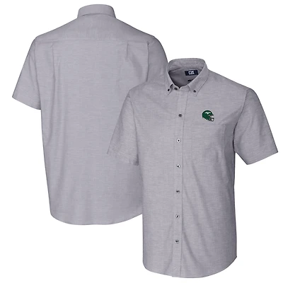 Chemise boutonnée à manches courtes en tissu Oxford extensible pour homme, couleur anthracite, motif casque des Jets de New York, Cutter & Buck