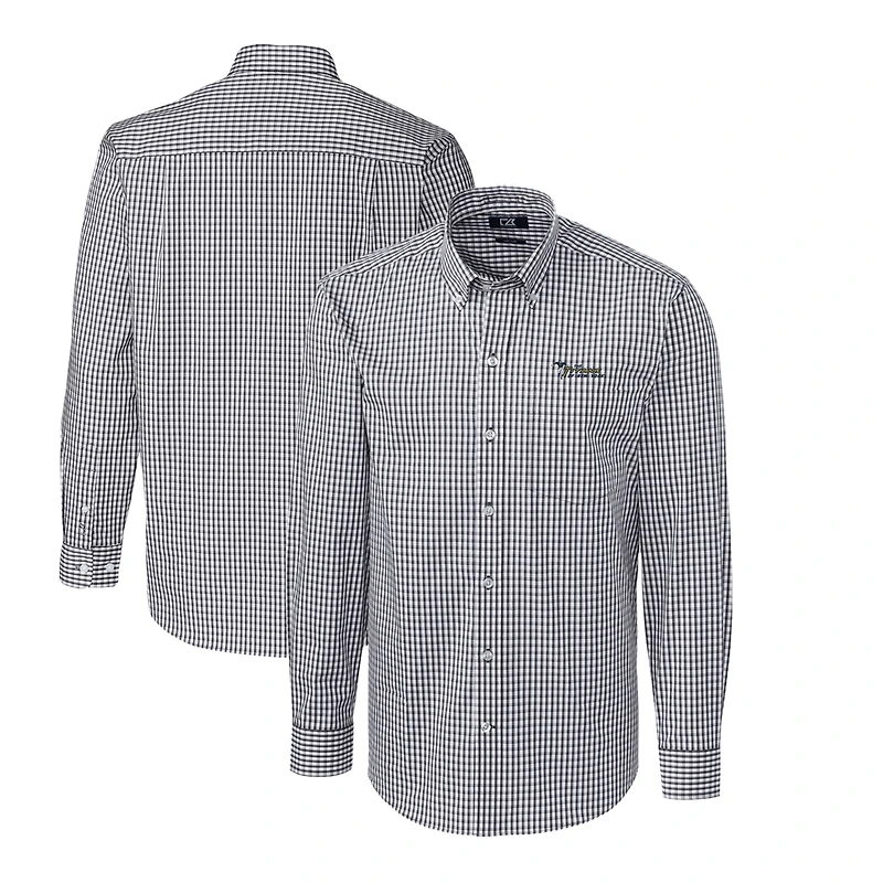 Chemise boutonnée à manches longues et carreaux vichy extensibles faciles d'entretien pour homme, couleur anthracite, avec logo rétro des New York Jets, Cutter & Buck