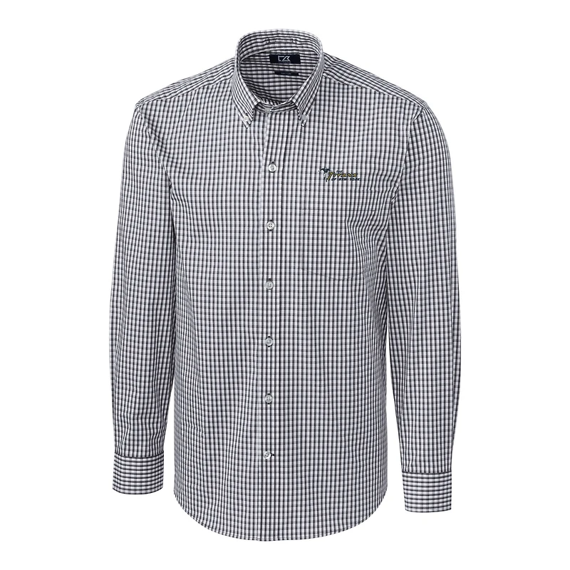 Chemise boutonnée à manches longues et carreaux vichy extensibles faciles d'entretien pour homme, couleur anthracite, avec logo rétro des New York Jets, Cutter & Buck