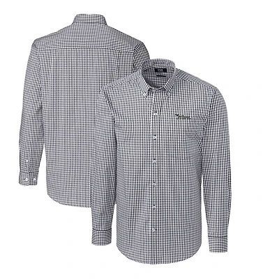 Chemise boutonnée à manches longues et carreaux vichy extensibles faciles d'entretien pour homme, couleur anthracite, avec logo rétro des New York Jets, Cutter & Buck