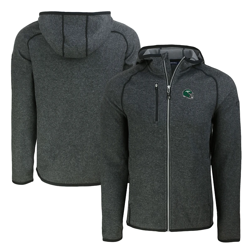 Men's Cutter & Buck  Heather Charcoal New York Jets Helmet Mainsail Sweater-Knit Full-Zip Hoodie