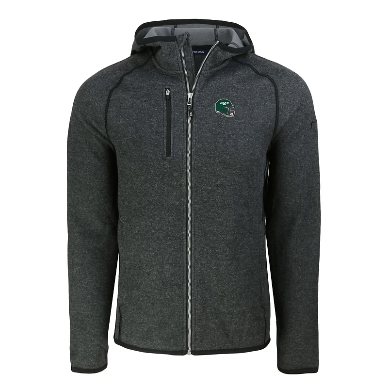 Men's Cutter & Buck  Heather Charcoal New York Jets Helmet Mainsail Sweater-Knit Full-Zip Hoodie