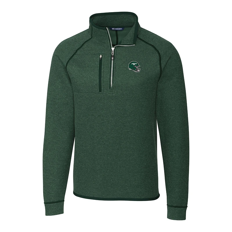 Men's Cutter & Buck Hunter Green New York Jets Helmet Mainsail Sweater-Knit Half-Zip Pullover Jacket