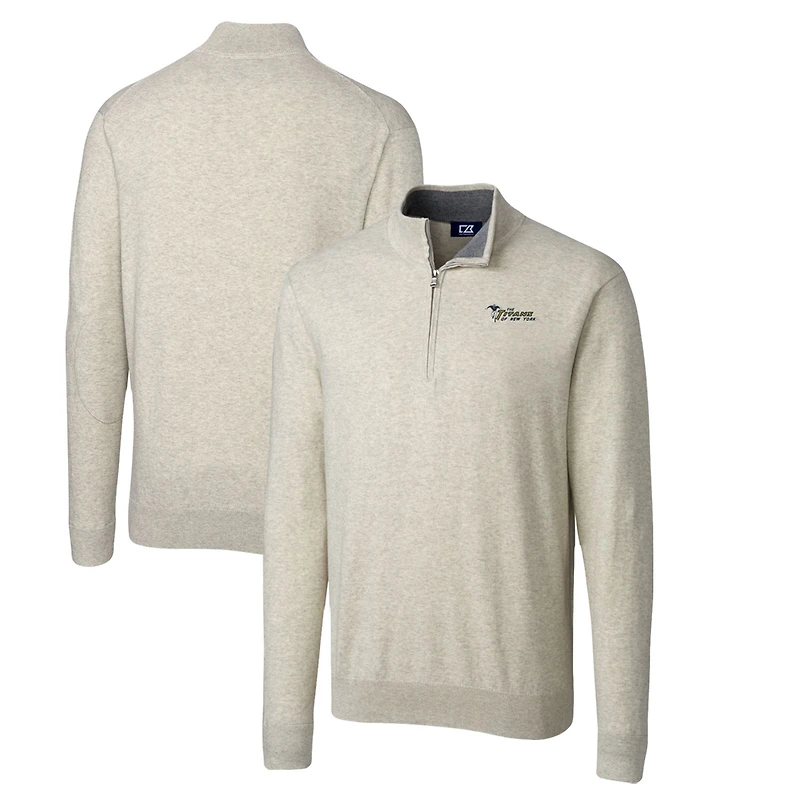 Men's Cutter & Buck Oatmeal New York Jets Throwback Logo Lakemont Tri-Blend Big Tall Quarter-Zip Pullover Sweater