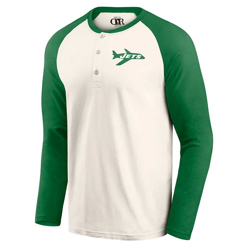 T-shirt à manches longues raglan Henley pour homme de la collection Darius Rucker Fanatics, couleur crème/vert, des New York Jets