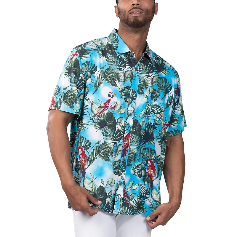 Men's Margaritaville Light Blue New York Jets Jungle Parrot Party Button-Up Shirt