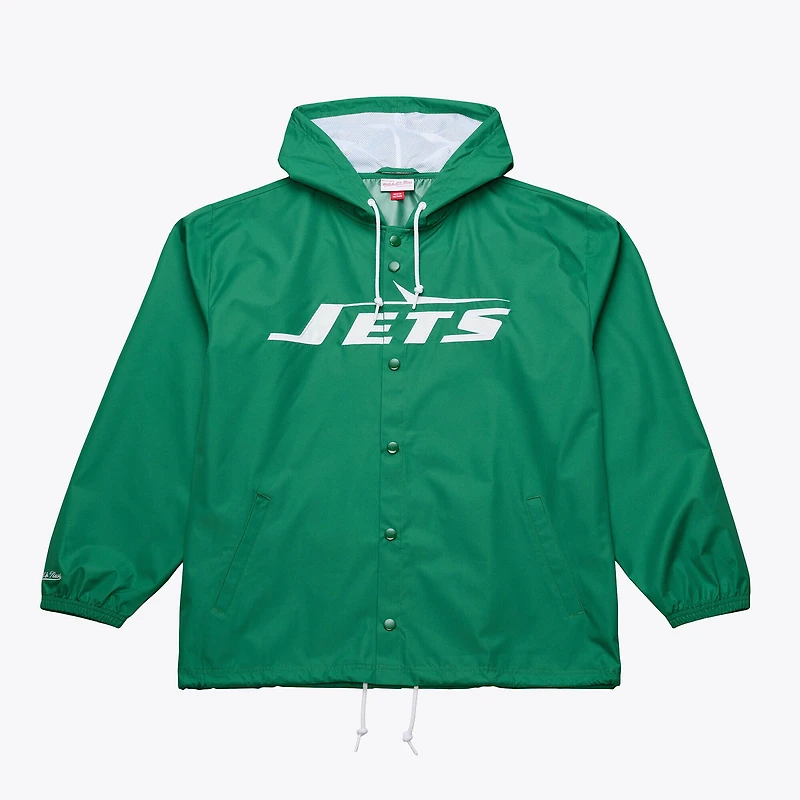 Veste coupe-vent à capuche Mitchell & Ness verte pour homme, modèle New York Jets Coaches, fermeture boutons-pression.