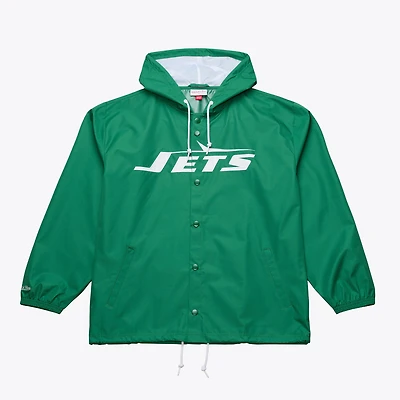 Veste coupe-vent à capuche Mitchell & Ness verte pour homme, modèle New York Jets Coaches, fermeture boutons-pression.