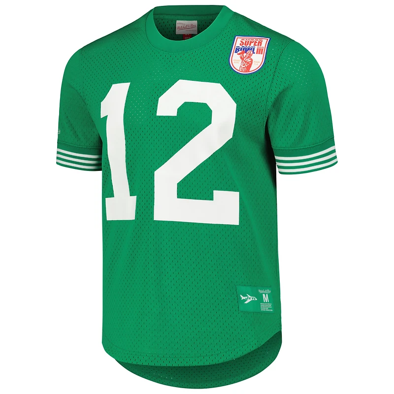 Haut en maille avec nom et numéro du joueur à la retraite Mitchell & Ness Joe Namath Kelly vert des Jets de New York pour homme