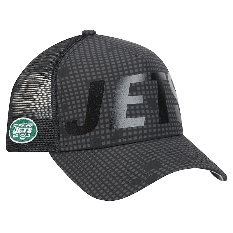 Men's New Era Black New York Jets Throwback Midnight Ink Tonal Text A-Frame Trucker 9FORTY Adjustable Hat