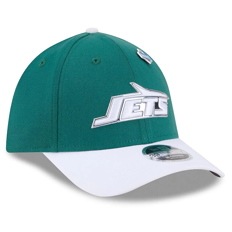 Casquette New Era Flex verte et blanche York Jets, repêchage NFL 2026, modèle 39THIRTY M-Crown
