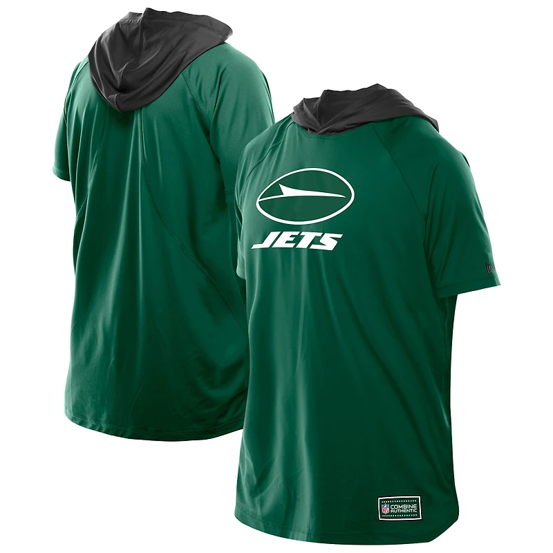 T-shirt à capuche et manches courtes raglan vert New Era pour homme, motif York Jets Combine Authentic