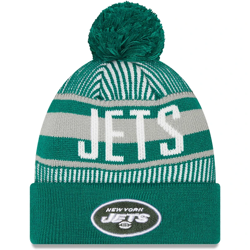 Bonnet en tricot à revers rayé New Era New York Jets pour hommes avec pompon vert