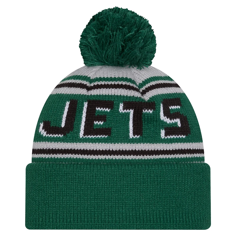 Bonnet tricoté à revers avec pompon et inscription New York Jets vert New Era pour homme
