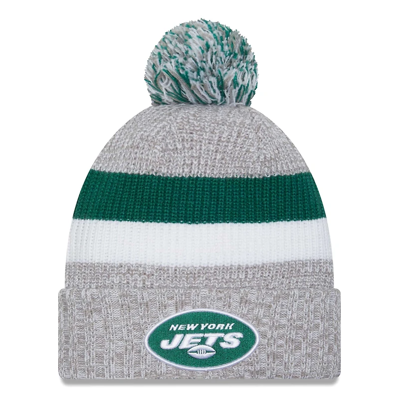 Bonnet en tricot à revers New Era New York Jets gris chiné pour hommes avec pompon