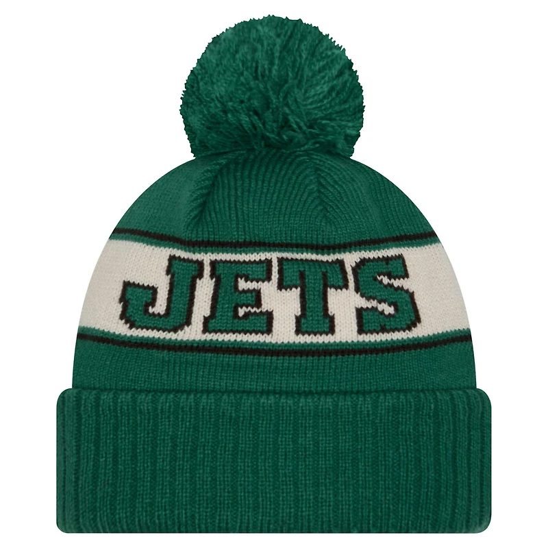 Bonnet en tricot à revers rétro New Era Kelly Green New York Jets avec pompon pour homme