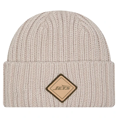 Bonnet en tricot à revers beige clair New Era pour homme avec logo appliqué des New York Jets