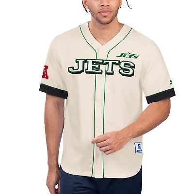 Haut de baseball vintage à boutons complets Starter Cream New York Jets Relay pour hommes