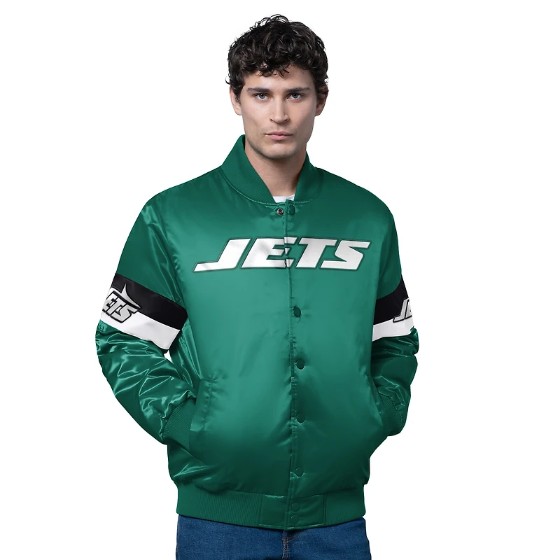 Veste de survêtement universitaire en satin triple option verte New York Jets pour homme