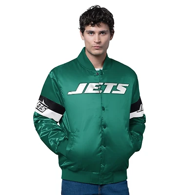 Men's Starter Green New York Jets Triple Option Satin Varsity Full-Snap Jacket