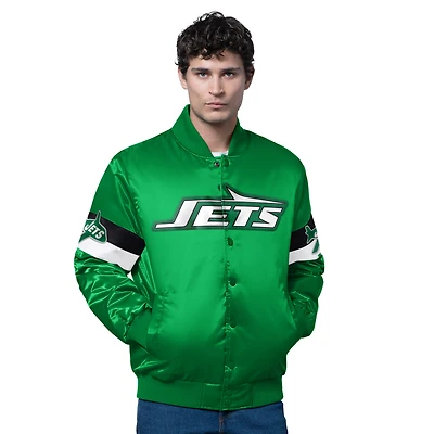Veste de départ en satin triple option pour homme avec logo vintage des New York Jets, vert Kelly, à boutons-pression