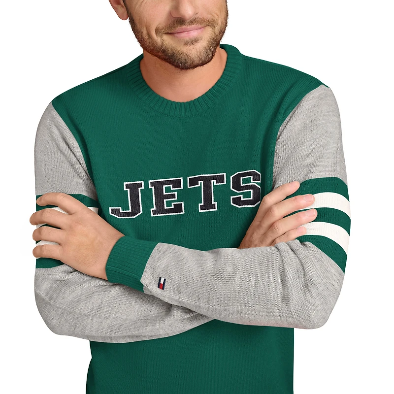 Men's Tommy Hilfiger Green/Heather Gray New York Jets Acrylic Crewneck Pullover Sweater