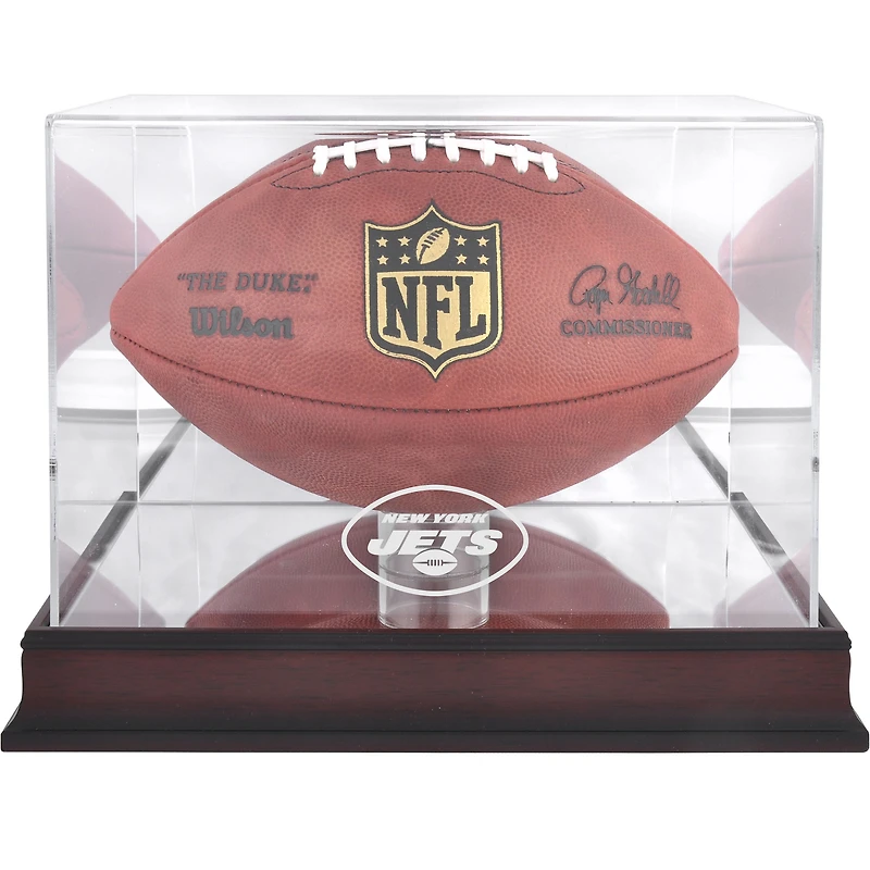 Vitrine en acajou ornée du logo des New York Jets, avec fond miroir.