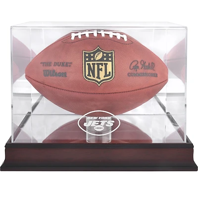 Vitrine en acajou ornée du logo des New York Jets, avec fond miroir.