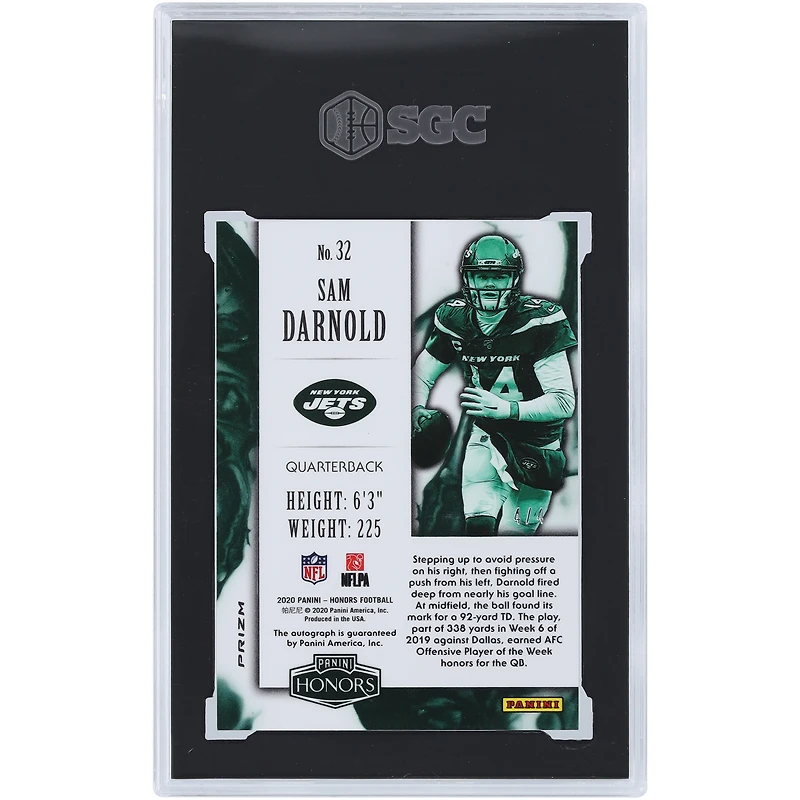 Sam Darnold New York Jets Autographed 2020 Panini Honors Purple Prizm #32 #4/4 SGC Authenticated 9/10 Card