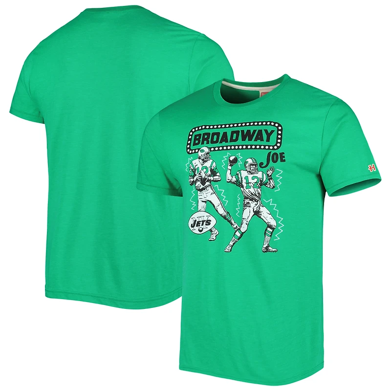 T-shirt unisexe Hommage Joe Namath Heather Green New York Jets Caricature Retired Player Tri-Blend