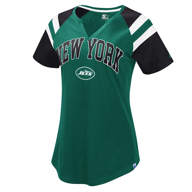T-shirt raglan vert Starter pour femme avec col en V et inscription Game On Notch des New York Jets