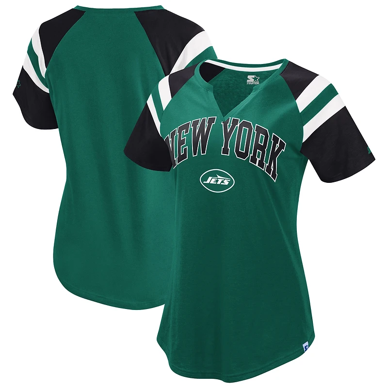T-shirt raglan vert Starter pour femme avec col en V et inscription Game On Notch des New York Jets