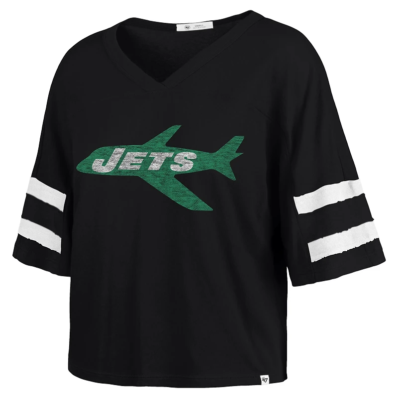 Women's '47 Black New York Jets  Double Header Scout Cropped V-Neck T-Shirt