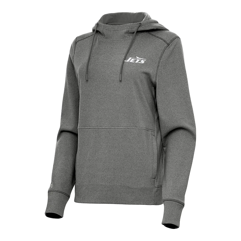 Women's Antigua Heather Black New York Jets Justice Pullover Hoodie