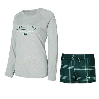 Ensemble haut à manches longues et short raglan pour femme Concepts Sport vert/gris des New York Jets